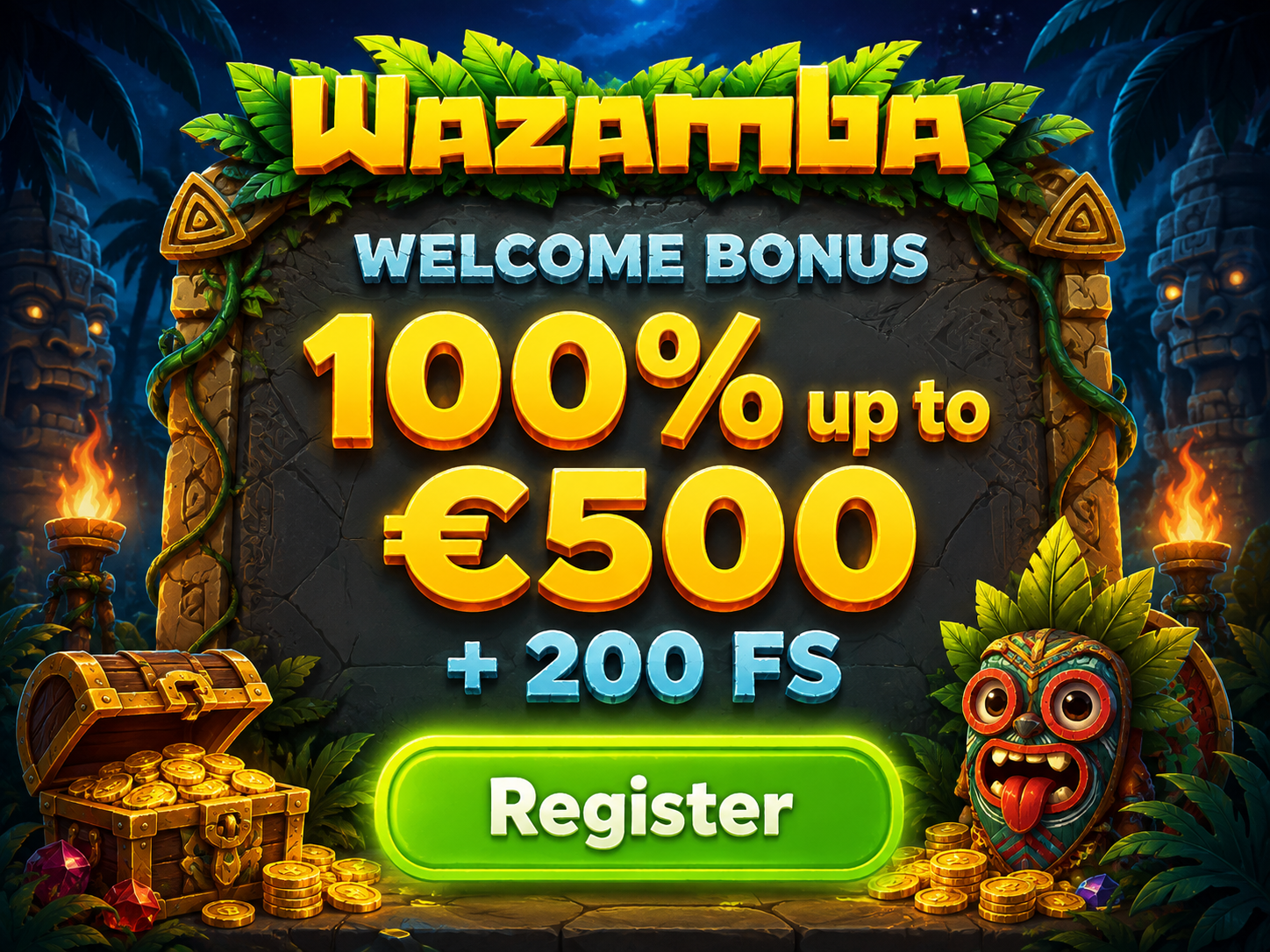 Illustration d'un coffre au trésor représentant le bonus de bienvenue et les tours gratuits Wazamba