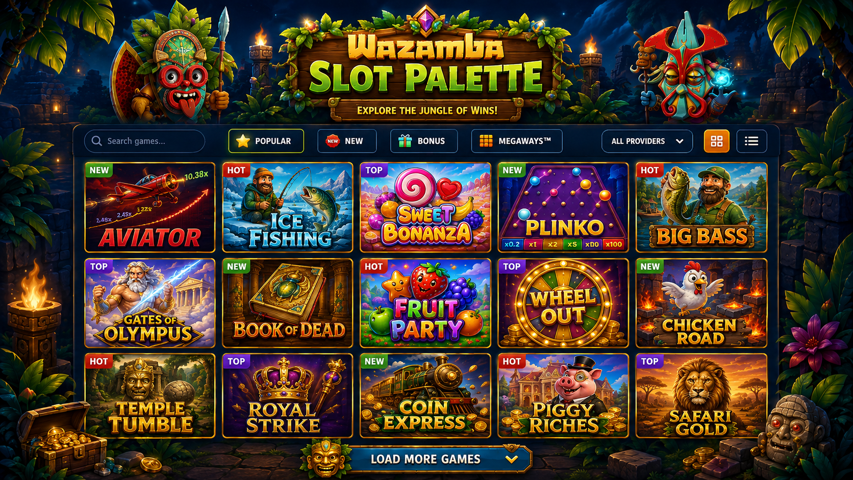 Grille stylisée de tuiles de machines à sous et de jeux en direct Wazamba en France