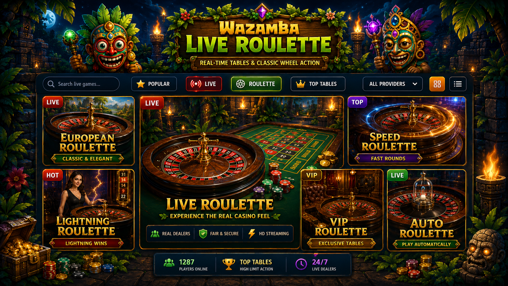 Illustration d'une roue de roulette en direct et de cartes à jouer représentant le casino en direct de Wazamba